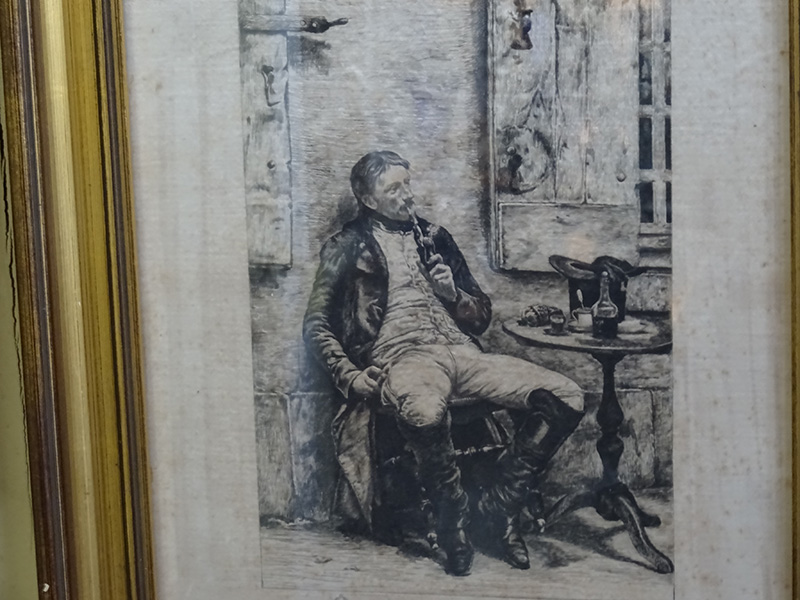 19th Century Engraving on Silk of a Soldier Smoking